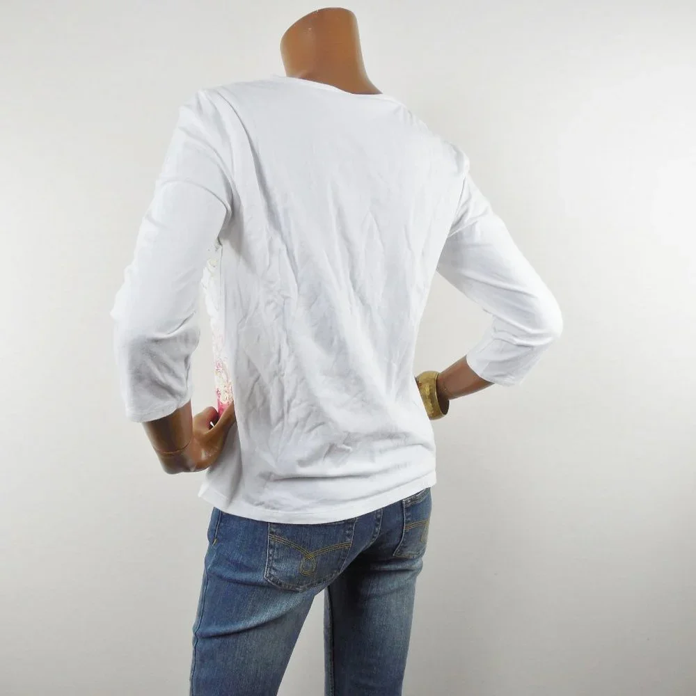 CHICO'S Top M Sz 1 Casual Shirt White/Red/Gold Stretch Cotton Blouse 3/4 Sleeves - Picture 6 of 9